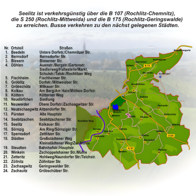 ine Karte der Gemeinde Seelitz mit einer Liste der Ortsteile und den dazugehörigen Straßen.
