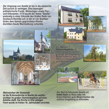 Historische und Landwirtschaftliche Bedeutung von Seelitz, Bilder des Gemeindeamtes, der Grundschule, KiTa, Kirche usw.
